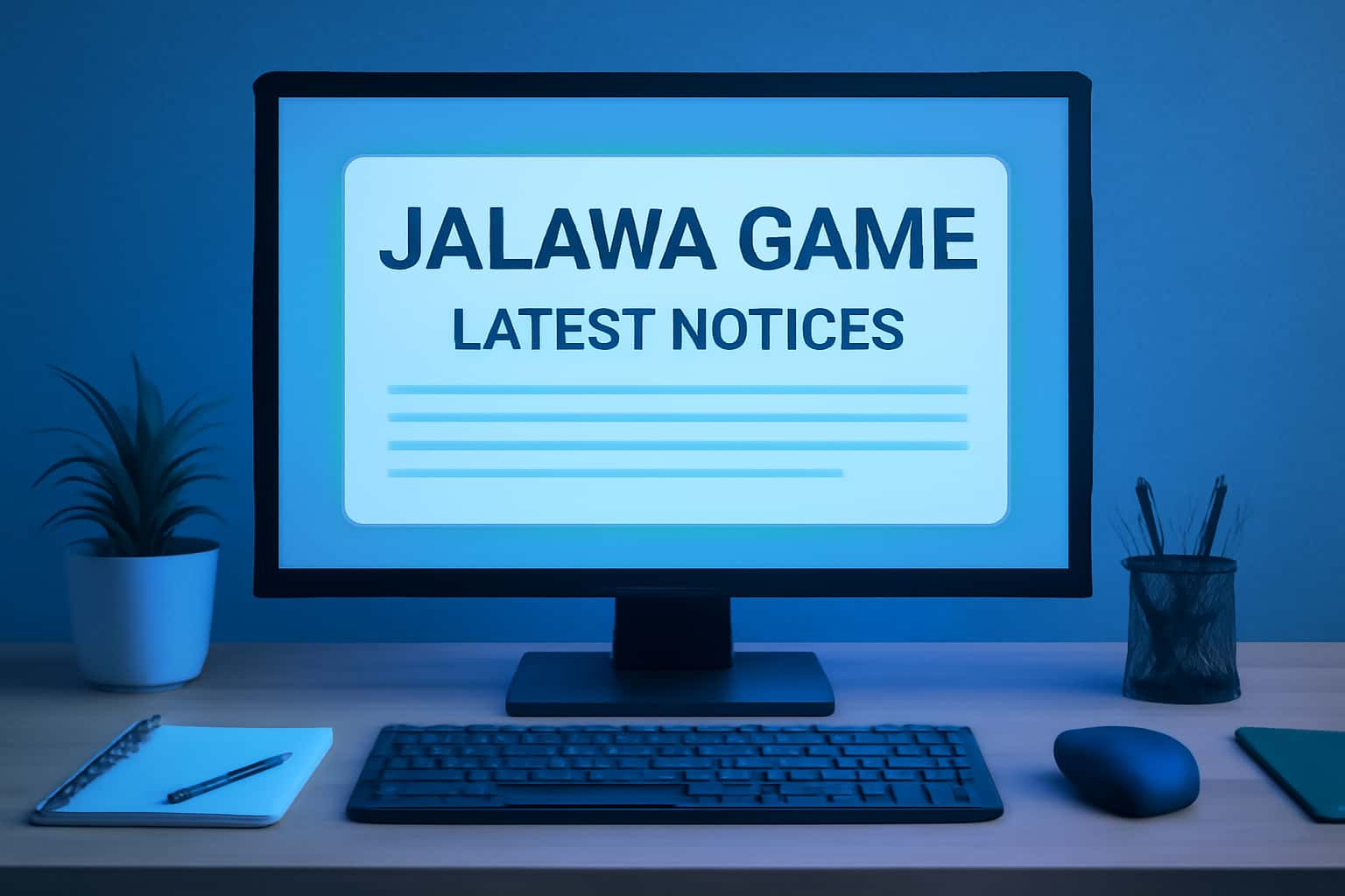 An informational scene displaying 'Latest Jalawa Game Notices' with a futuristic design.